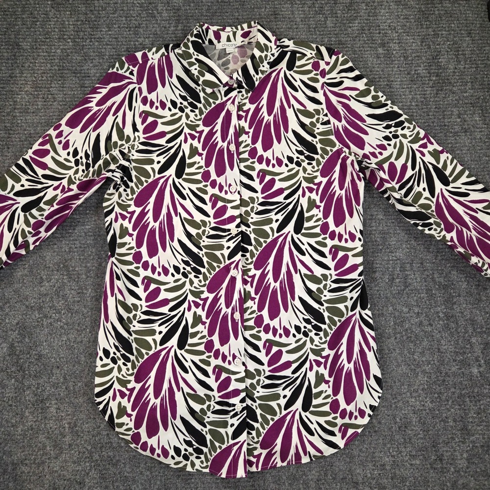 Chicos Abstract Leaf Print Button Down Tunic Shirt Purple Green Black Size 0.5 6